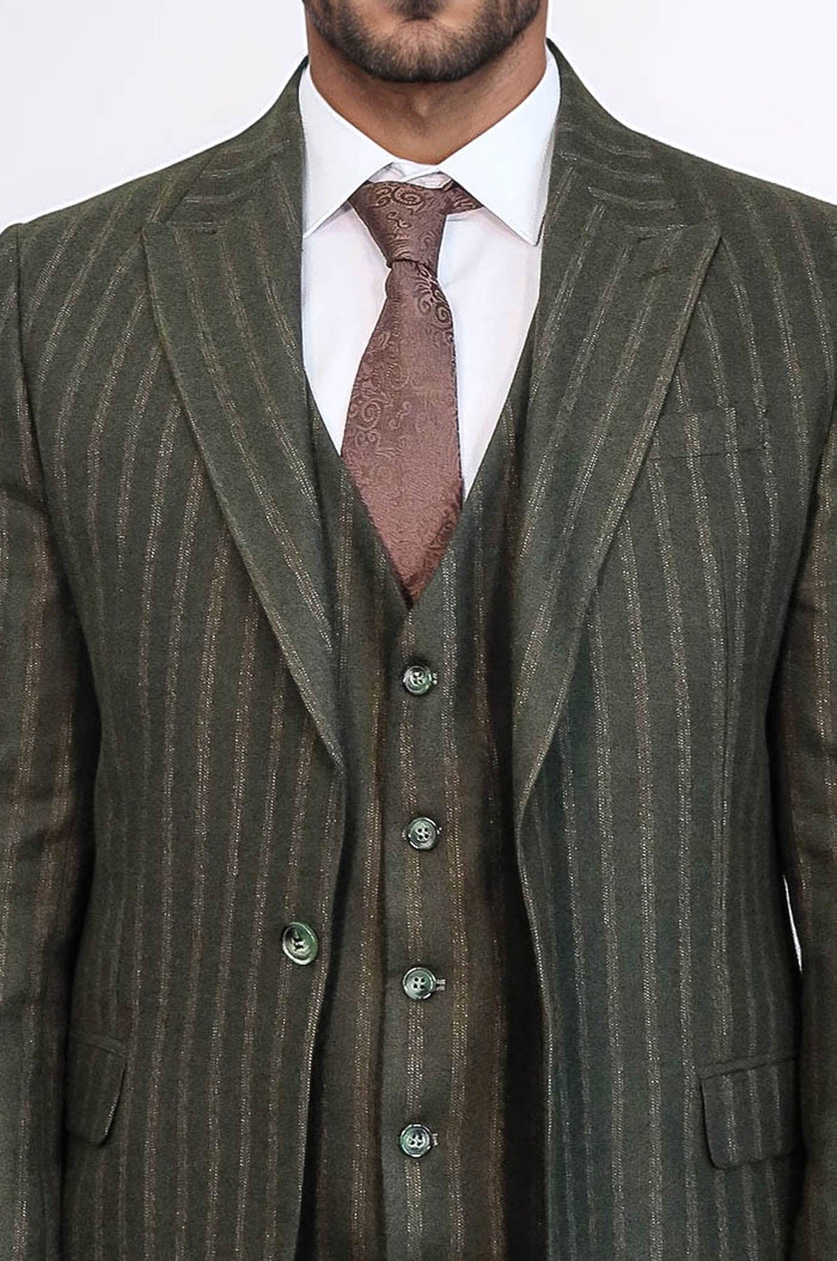 Green Striped Slim-Fit Vested Suit - Wessi
