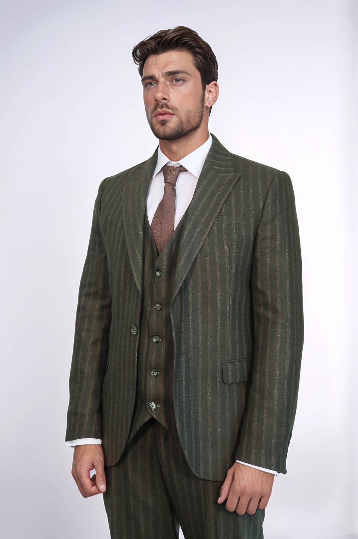 Green Striped Slim-Fit Vested Suit - Wessi