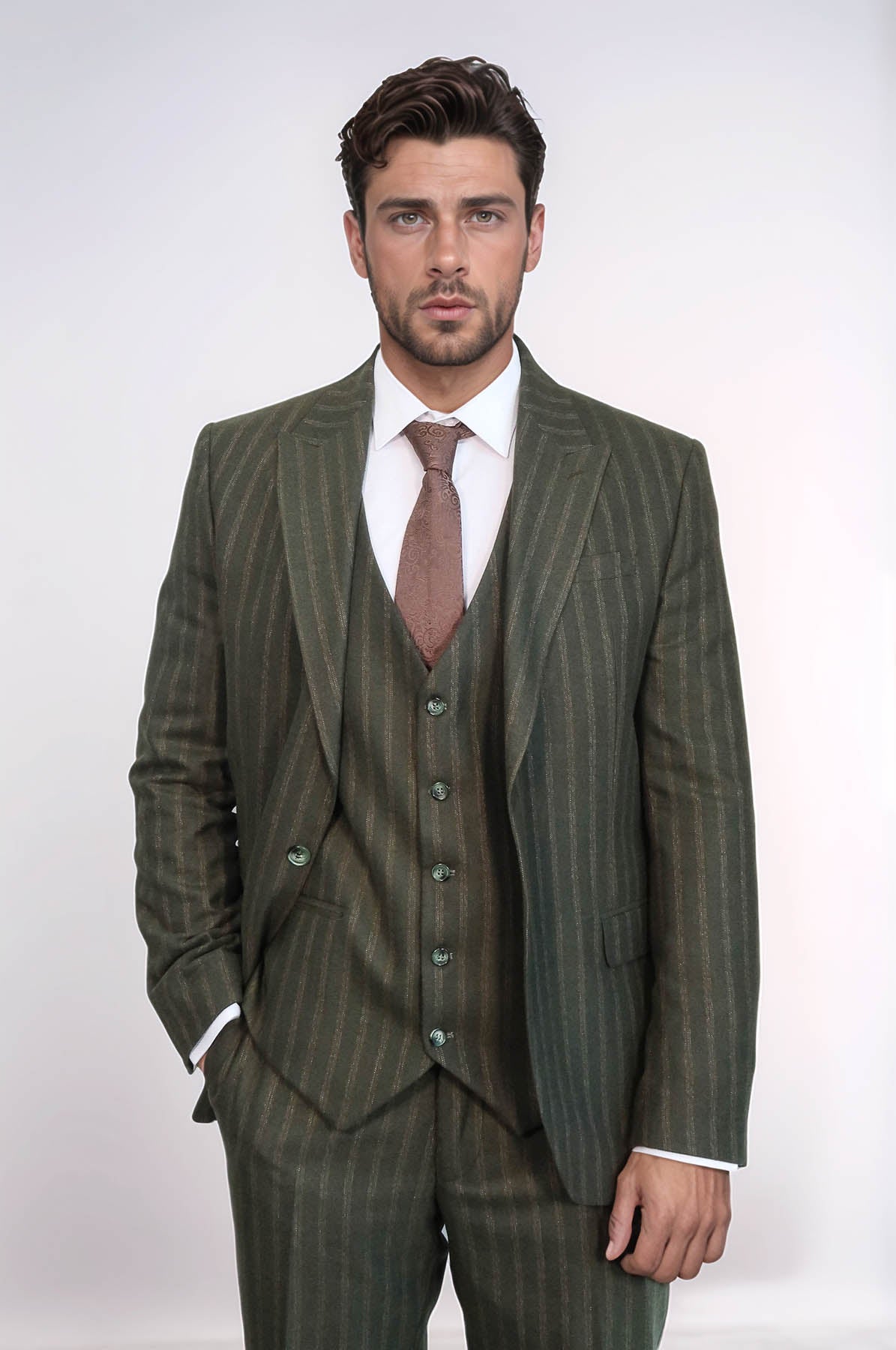 Green Striped Slim-Fit Vested Suit - Wessi