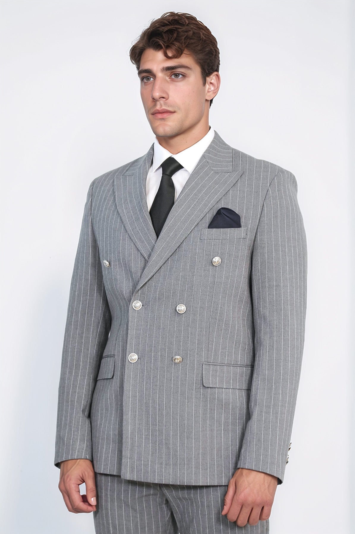 Pinstripe Double Breasted Men’s Grey Suit with Silver Button Details - Wessi