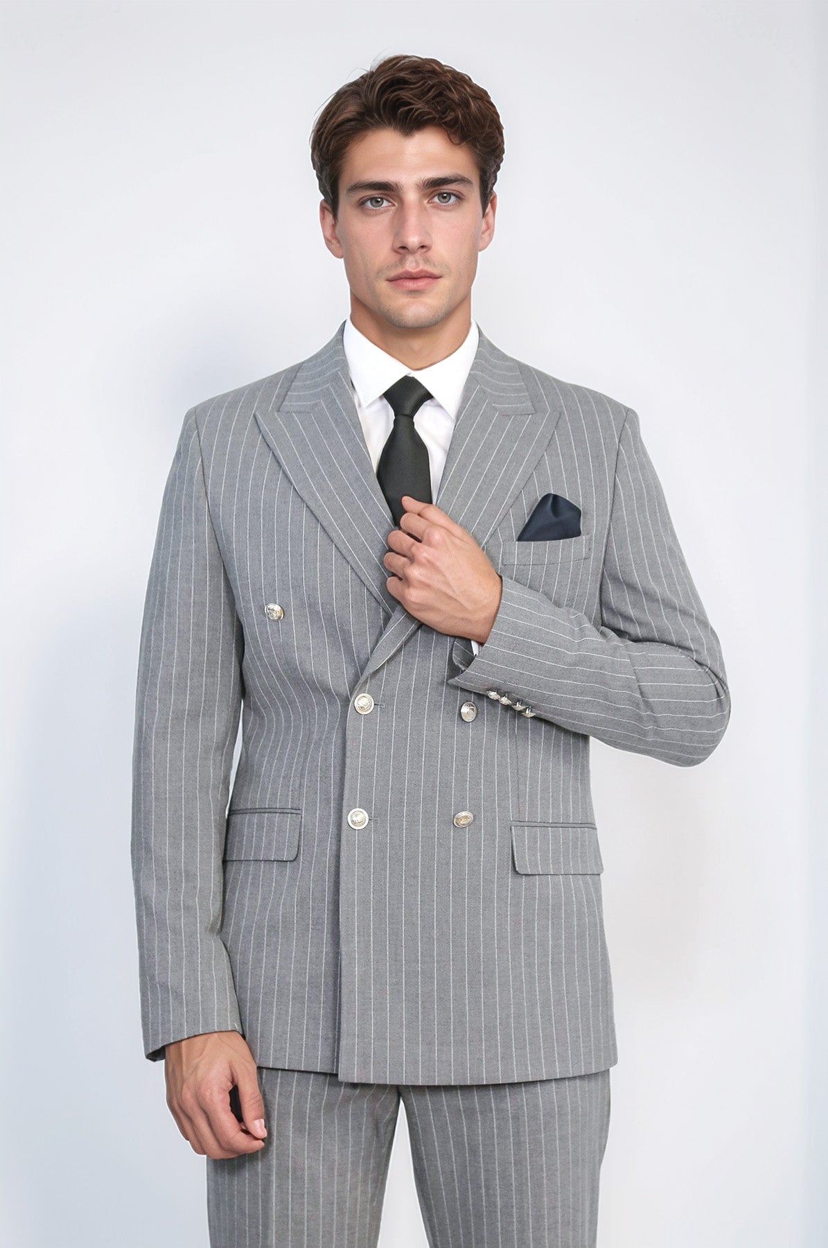 Pinstripe Double Breasted Men’s Grey Suit with Silver Button Details - Wessi