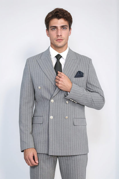 Pinstripe Double Breasted Men’s Grey Suit with Silver Button Details - Wessi