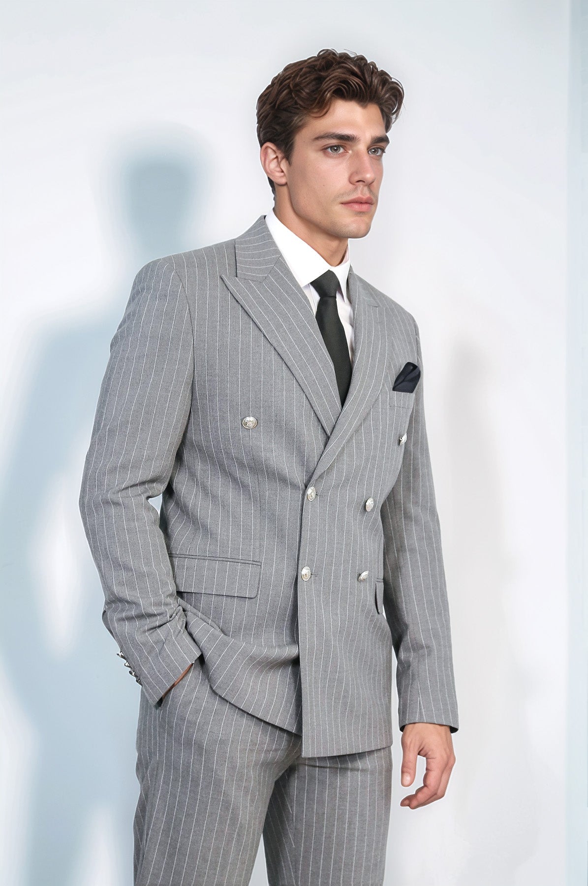 Pinstripe Double Breasted Men’s Grey Suit with Silver Button Details - Wessi