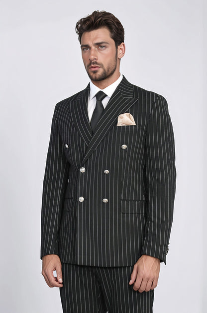 Pinstripe Double Breasted Men’s Black Suit with Silver Button Details - Wessi