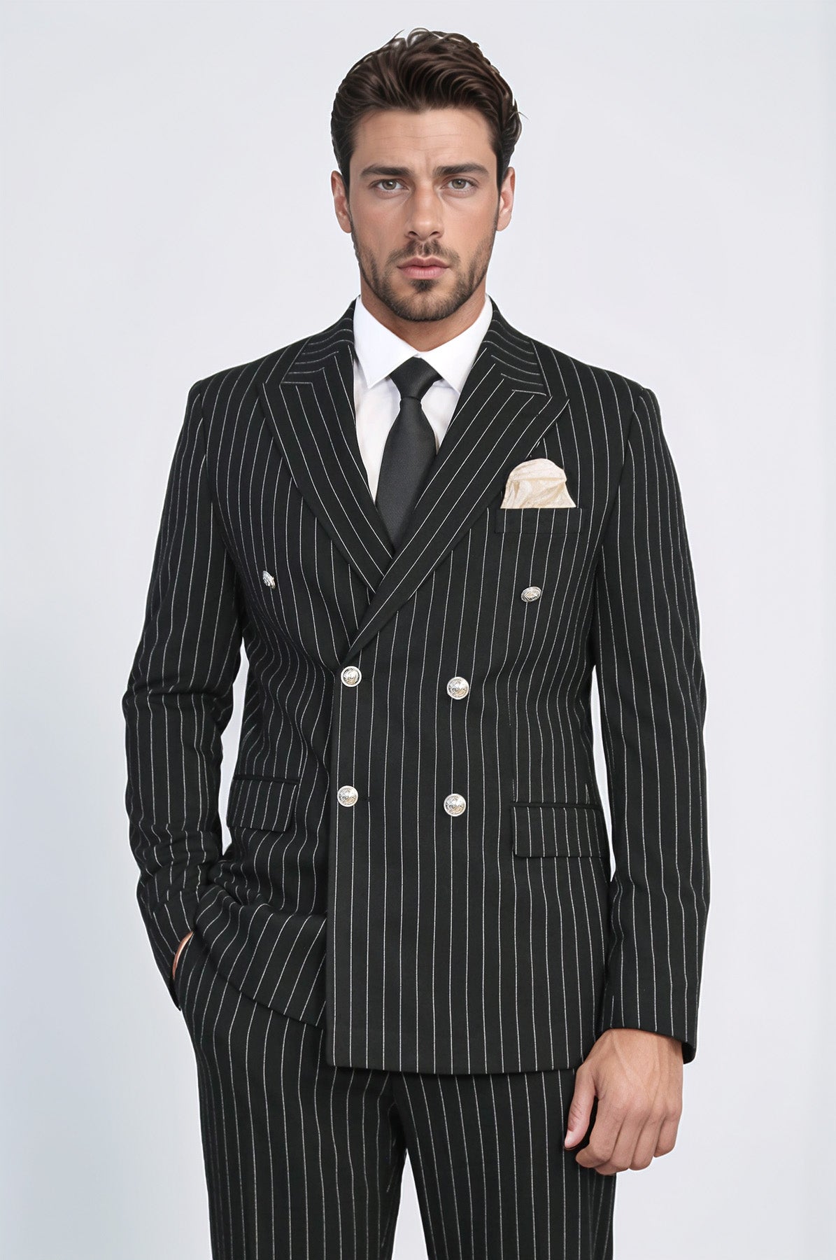 Pinstripe Double Breasted Men’s Black Suit with Silver Button Details - Wessi
