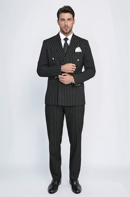 Pinstripe Double Breasted Men’s Black Suit with Silver Button Details - Wessi
