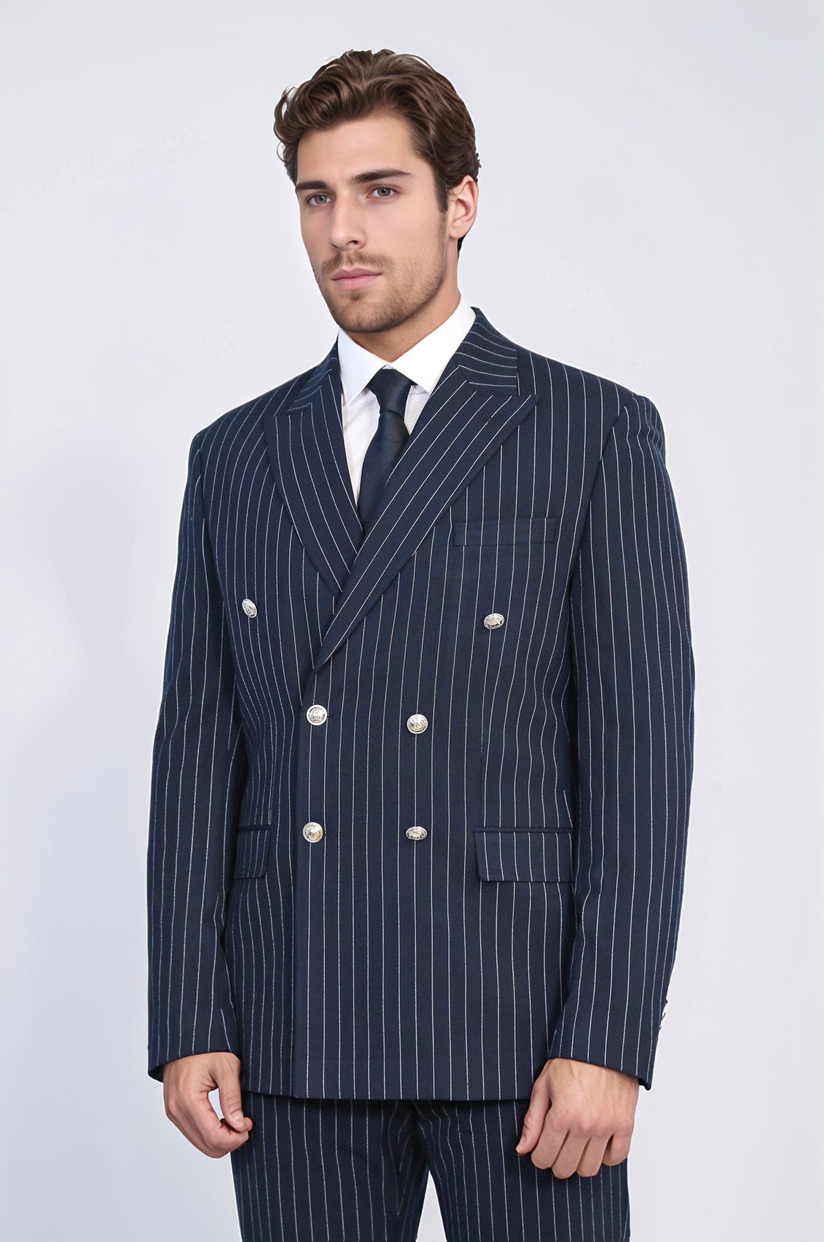 Pinstripe Double Breasted Men’s Navy Blue Suit with Silver Button Details - Wessi
