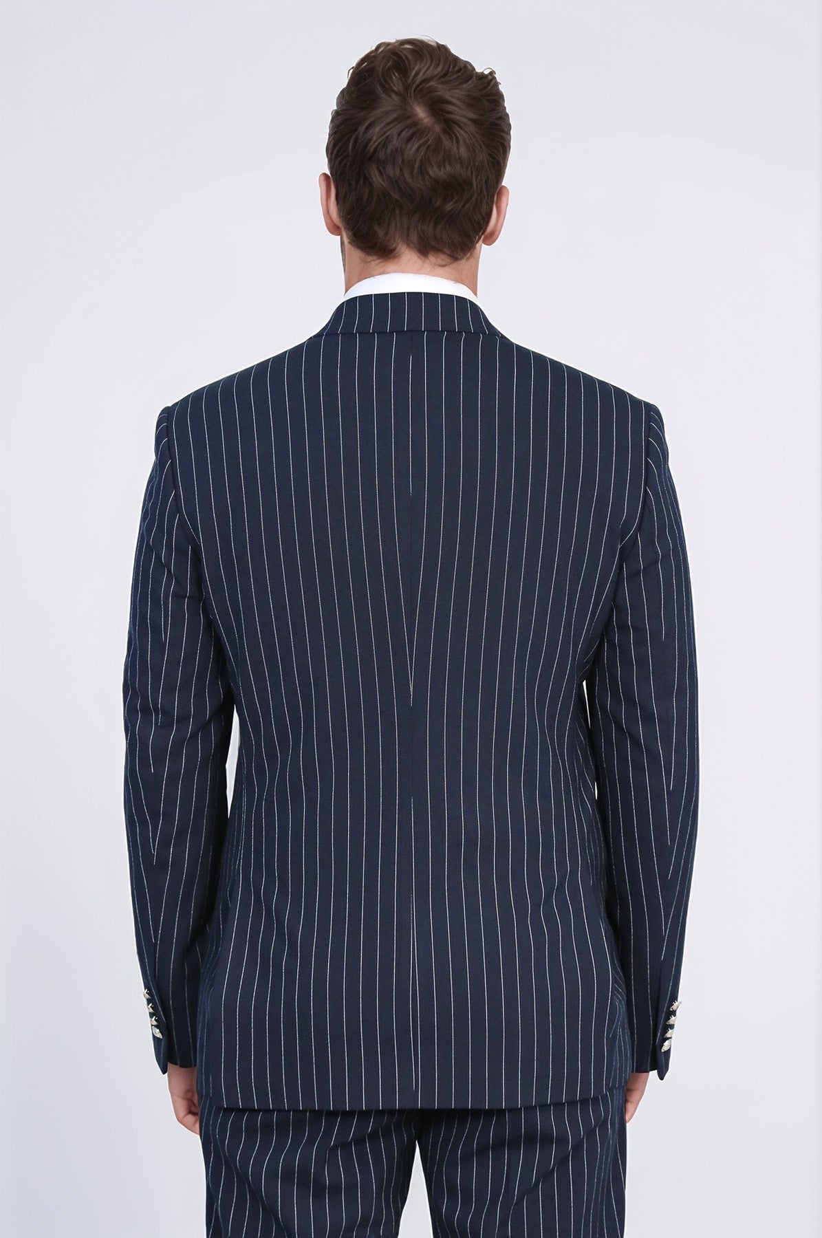 Pinstripe Double Breasted Men’s Navy Blue Suit with Silver Button Details - Wessi