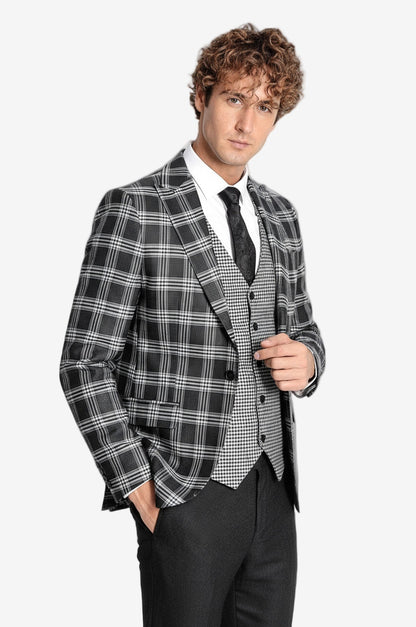 Slim Fit Patterned Checked Black Men Suit - Wessi