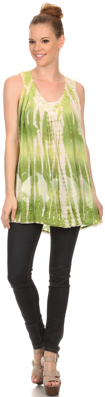 Sakkas Kalelay Long Tall Sleeveless Tie Dye Embroidered Tank Top Blouse Shirt