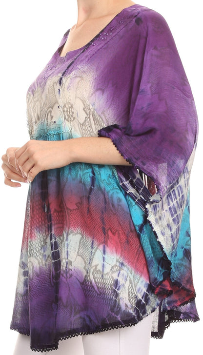Sakkas Ellesa Ombre Tie Dye Circle Poncho Blouse Shirt Top With Sequin Embroidery