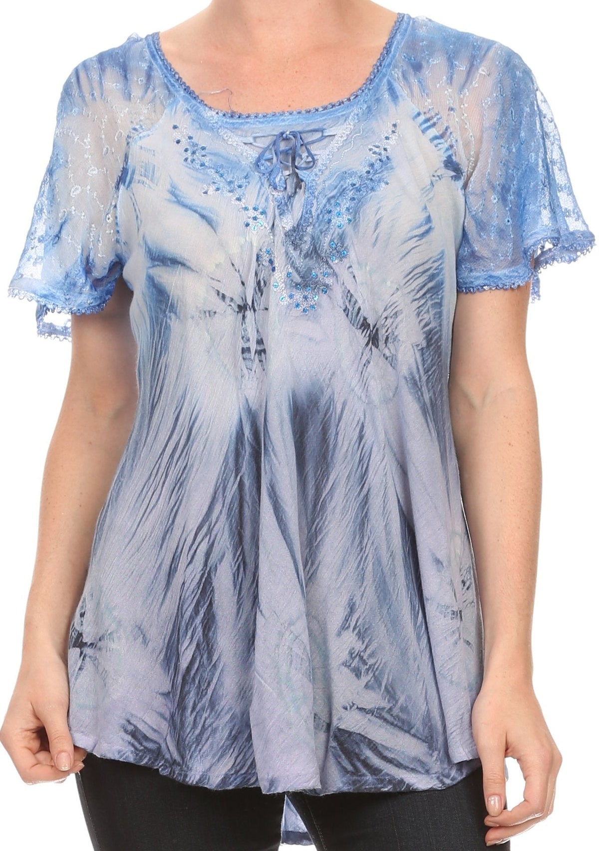 Sakkas Taylay Ombre Tie Dye Batik Long Embroidered Corset Neck Blouse Shirt Top