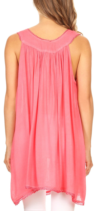 Sakkas Rita Womens Picot Trim V Neck Tank Blouse With Seqins And Embroidery