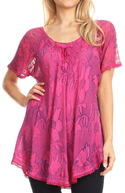 Sakkas Maliky Wide Corset Neck Floral Embroidered Cap Sleeve Blouse Top Shirt