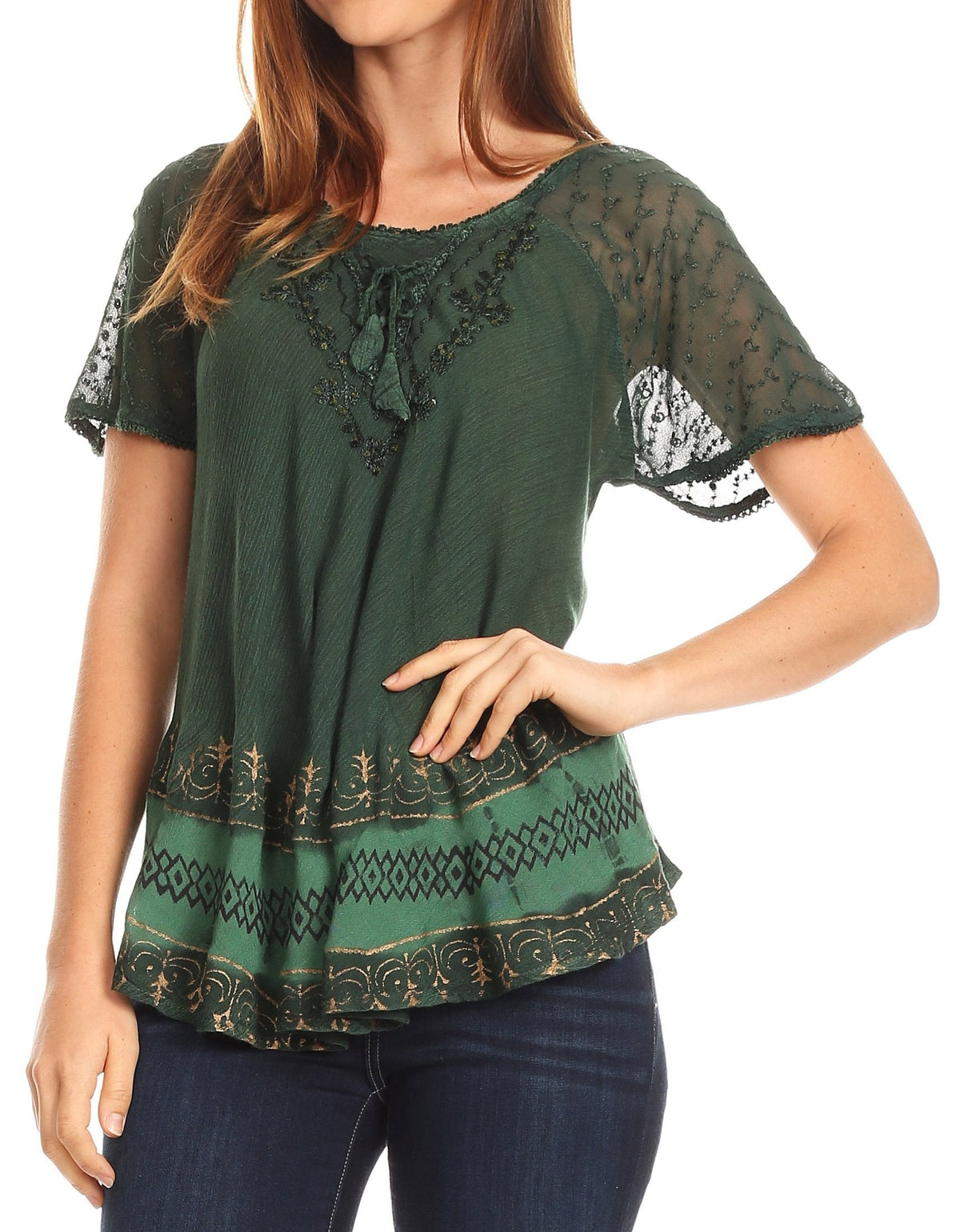 Sakkas Diane Short Sleeve Slim Top Blouse with Sequin Embroidery &amp; Golden Print