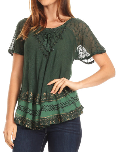 Sakkas Diane Short Sleeve Slim Top Blouse with Sequin Embroidery &amp; Golden Print