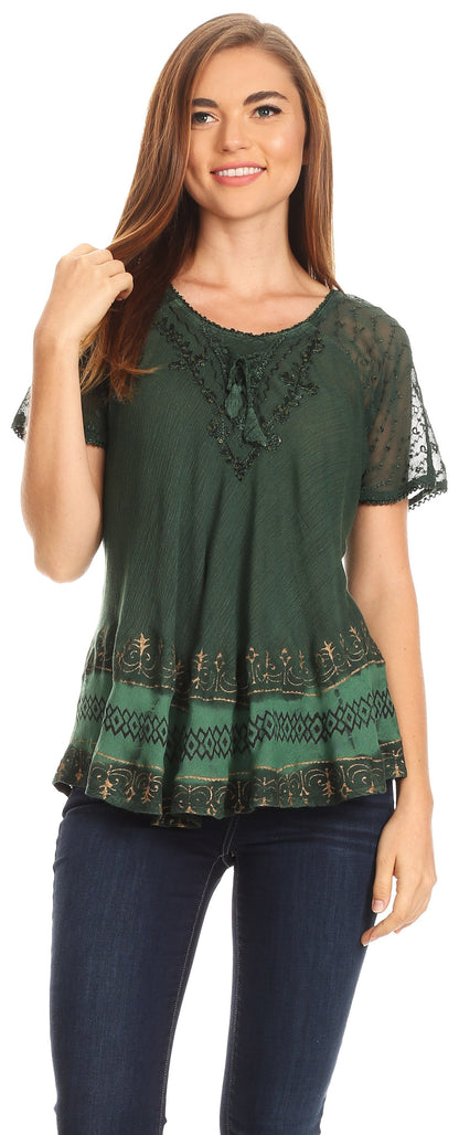 Sakkas Diane Short Sleeve Slim Top Blouse with Sequin Embroidery &amp; Golden Print
