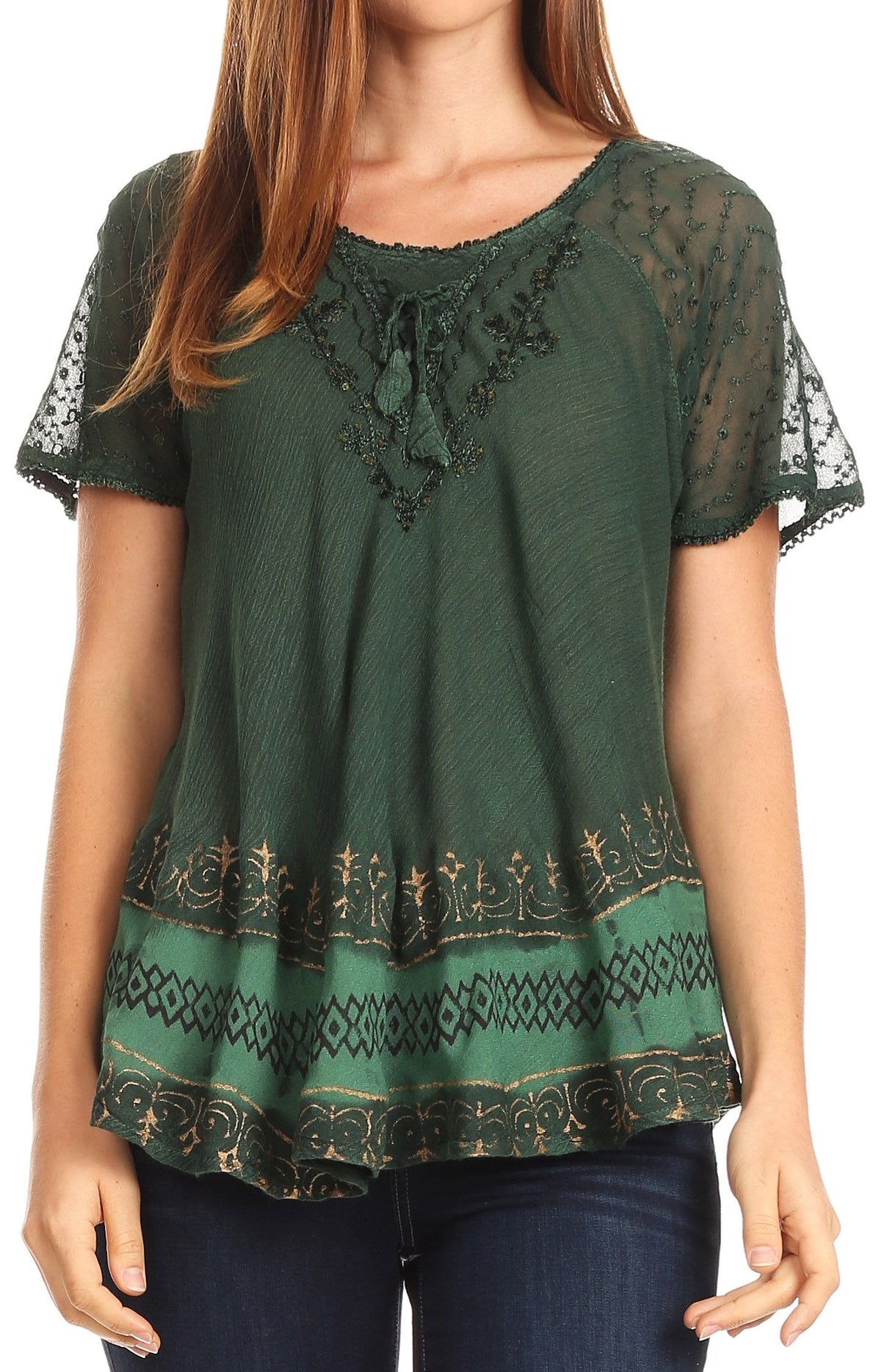 Sakkas Diane Short Sleeve Slim Top Blouse with Sequin Embroidery &amp; Golden Print