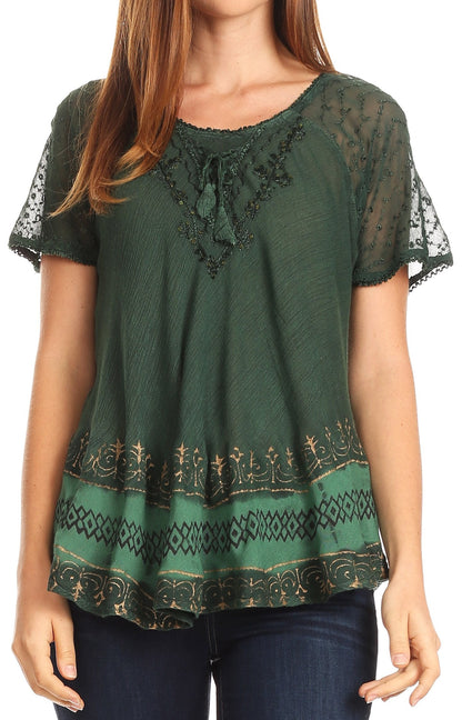 Sakkas Diane Short Sleeve Slim Top Blouse with Sequin Embroidery &amp; Golden Print
