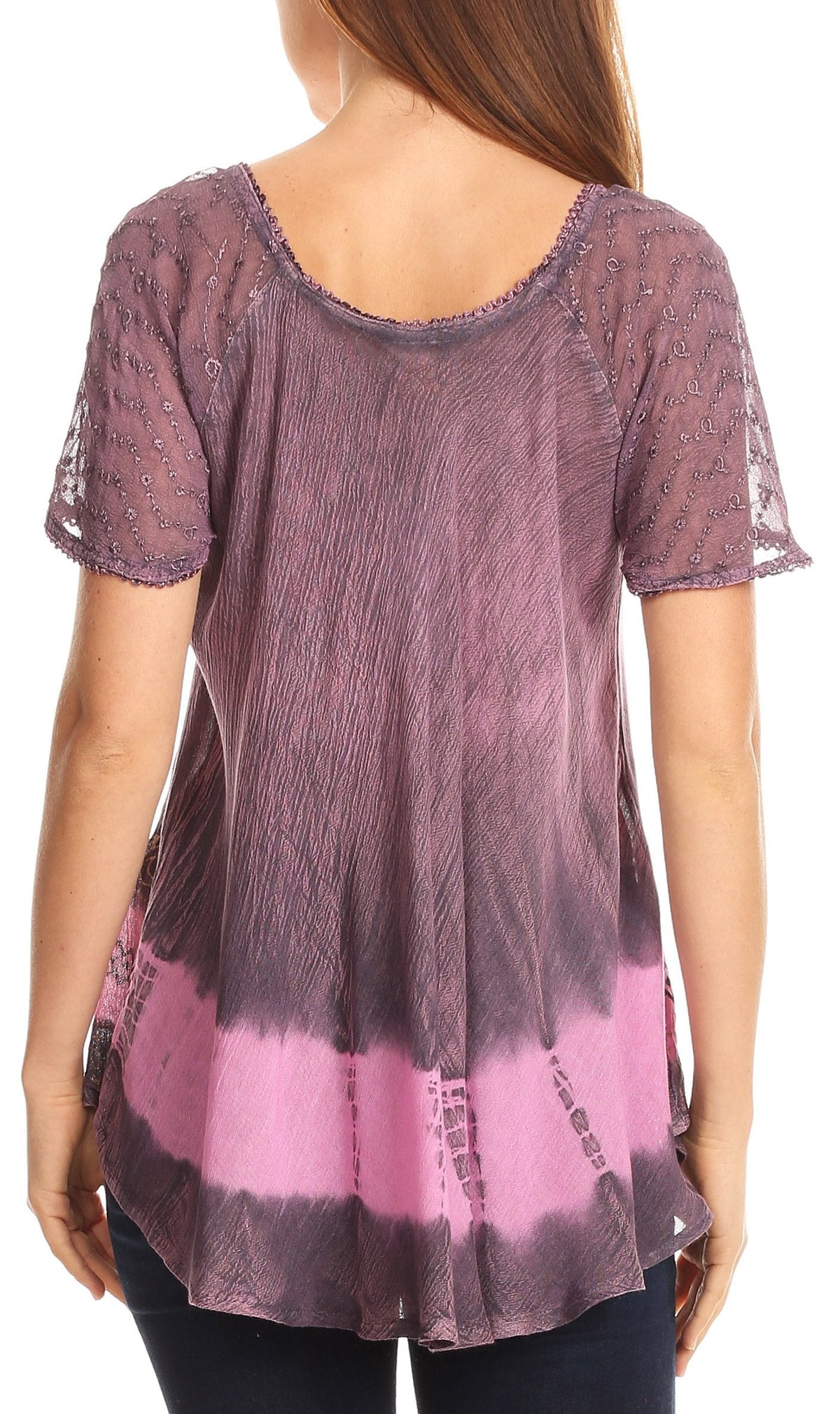 Sakkas Diane Short Sleeve Slim Top Blouse with Sequin Embroidery &amp; Golden Print