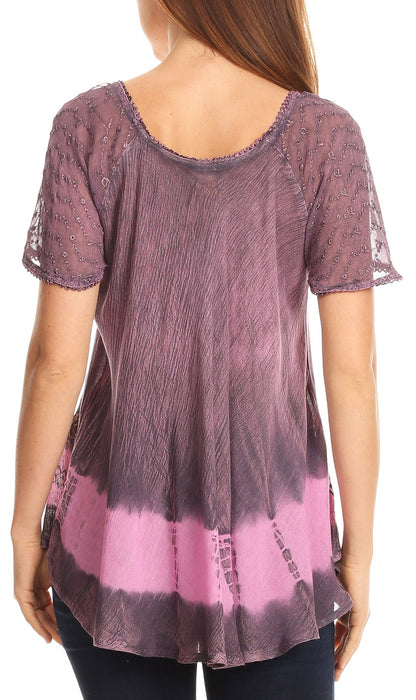 Sakkas Diane Short Sleeve Slim Top Blouse with Sequin Embroidery &amp; Golden Print