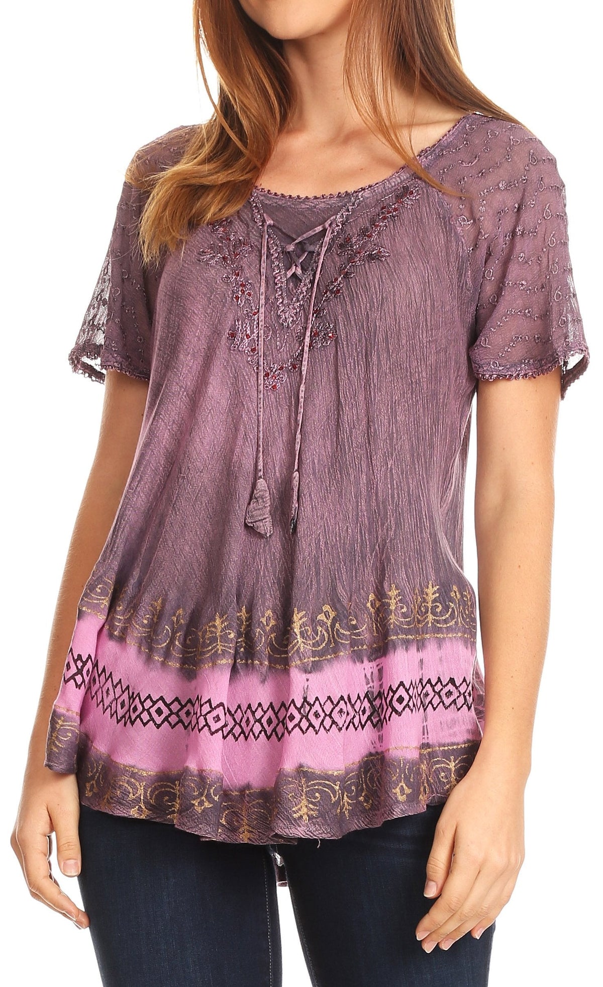 Sakkas Diane Short Sleeve Slim Top Blouse with Sequin Embroidery &amp; Golden Print