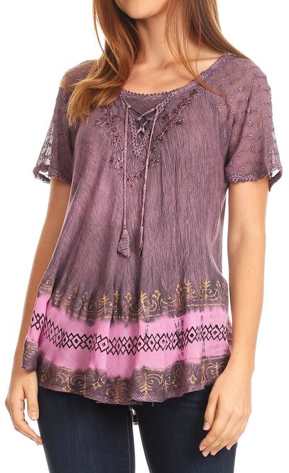 Sakkas Diane Short Sleeve Slim Top Blouse with Sequin Embroidery &amp; Golden Print