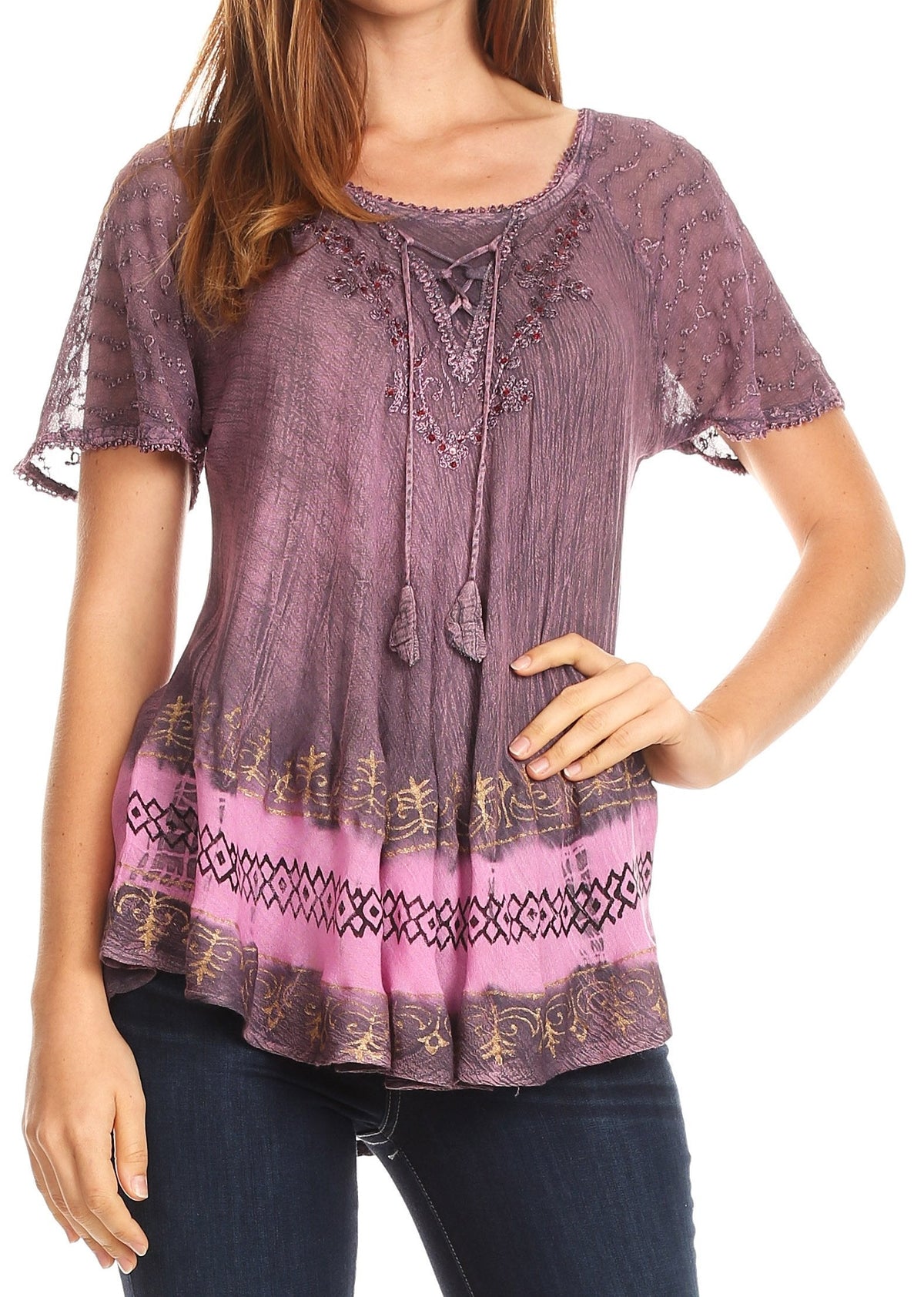 Sakkas Diane Short Sleeve Slim Top Blouse with Sequin Embroidery &amp; Golden Print