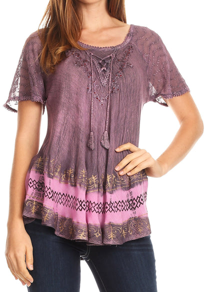 Sakkas Diane Short Sleeve Slim Top Blouse with Sequin Embroidery &amp; Golden Print