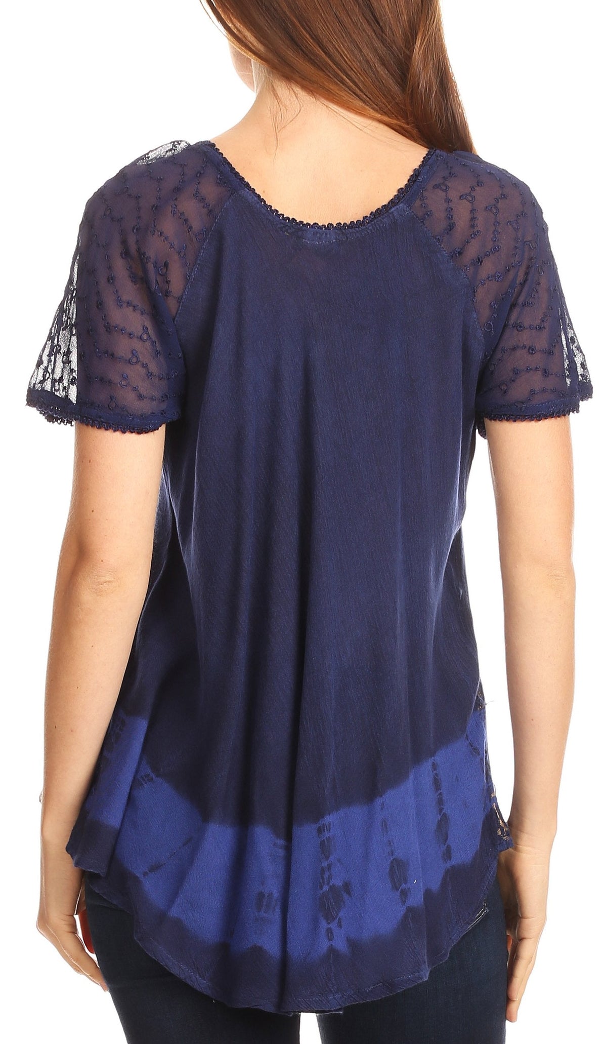 Sakkas Diane Short Sleeve Slim Top Blouse with Sequin Embroidery &amp; Golden Print