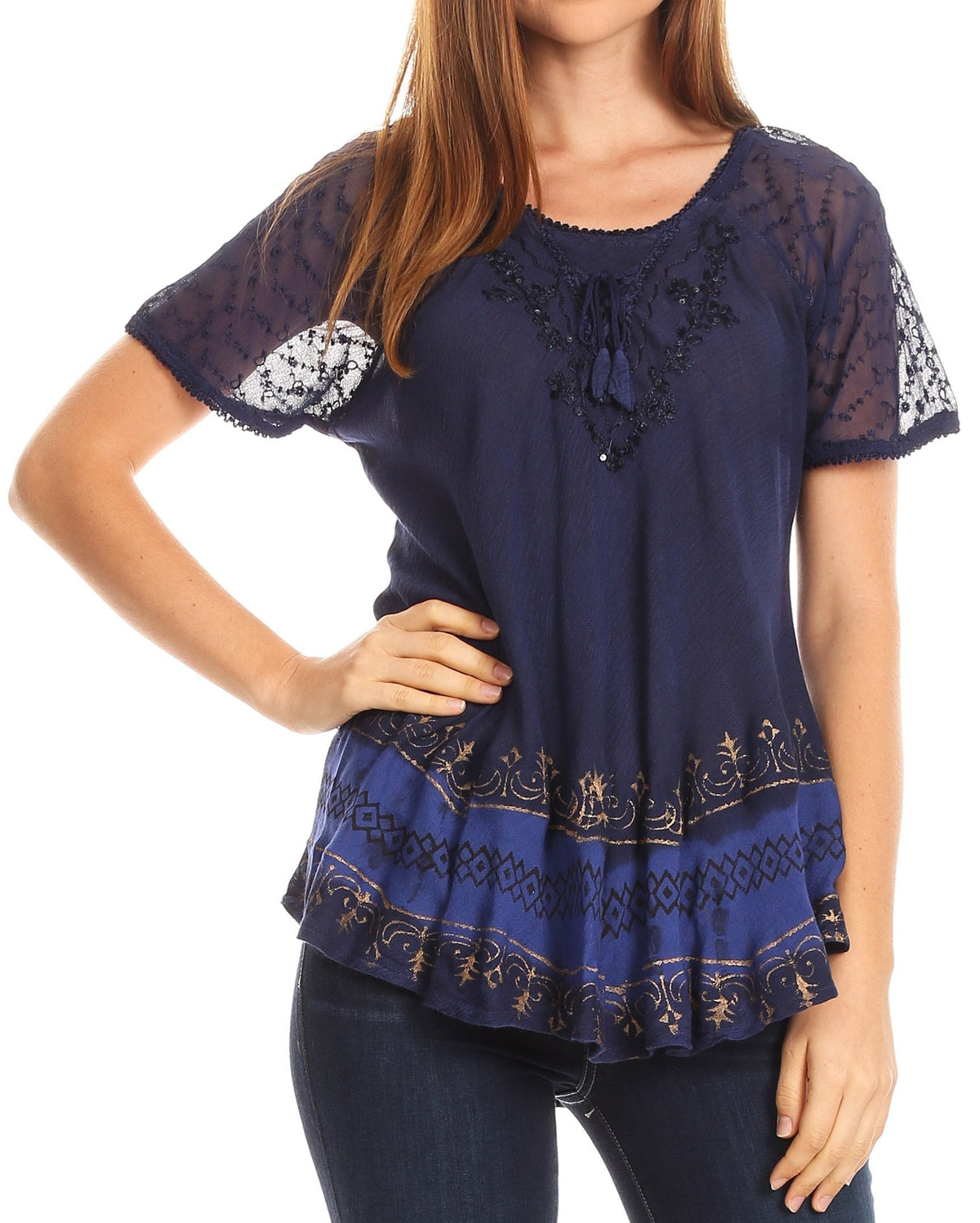 Sakkas Diane Short Sleeve Slim Top Blouse with Sequin Embroidery &amp; Golden Print