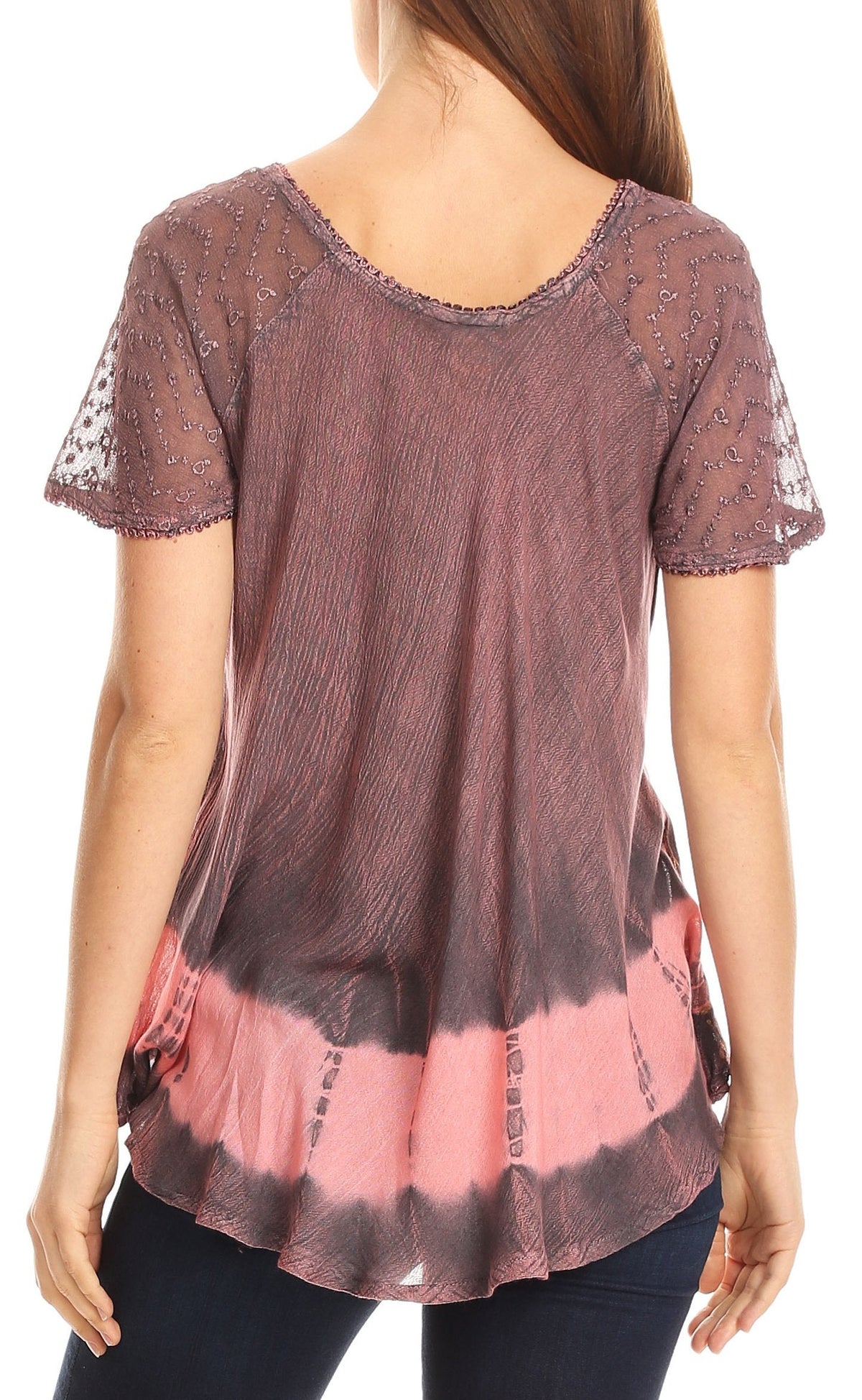Sakkas Diane Short Sleeve Slim Top Blouse with Sequin Embroidery &amp; Golden Print
