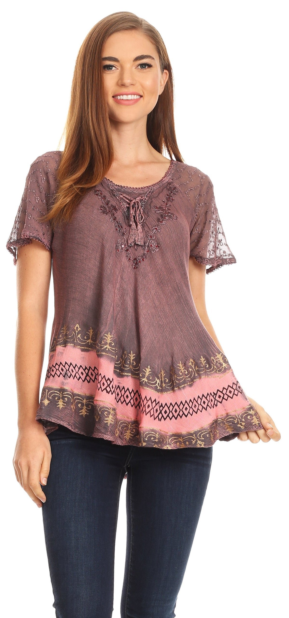 Sakkas Diane Short Sleeve Slim Top Blouse with Sequin Embroidery &amp; Golden Print