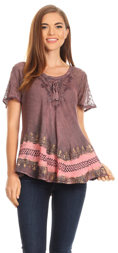 Sakkas Diane Short Sleeve Slim Top Blouse with Sequin Embroidery &amp; Golden Print