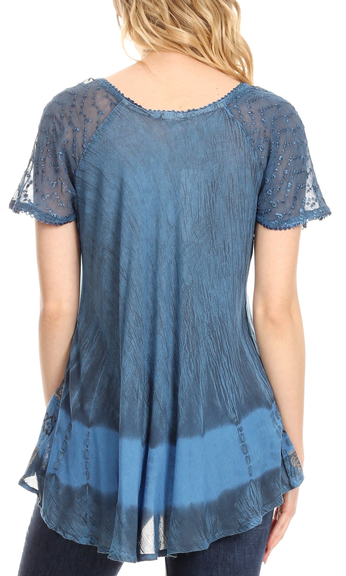 Sakkas Diane Short Sleeve Slim Top Blouse with Sequin Embroidery &amp; Golden Print