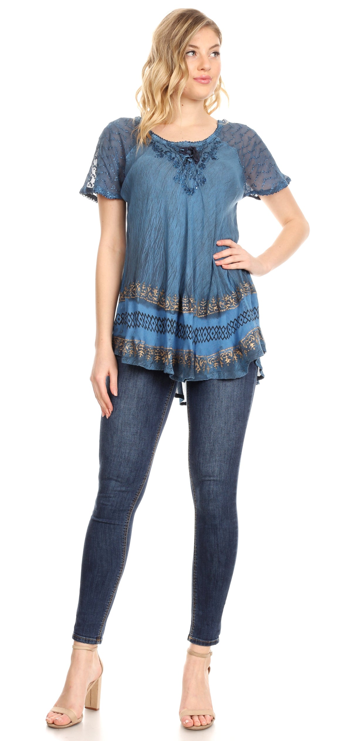 Sakkas Diane Short Sleeve Slim Top Blouse with Sequin Embroidery &amp; Golden Print