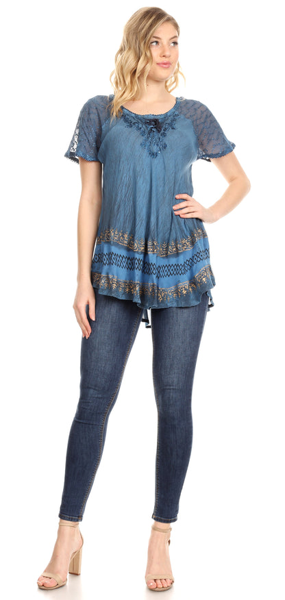 Sakkas Diane Short Sleeve Slim Top Blouse with Sequin Embroidery &amp; Golden Print