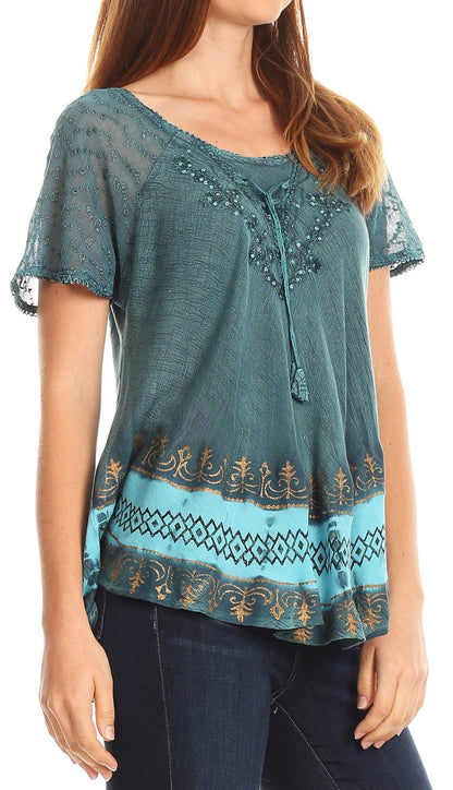 Sakkas Diane Short Sleeve Slim Top Blouse with Sequin Embroidery &amp; Golden Print