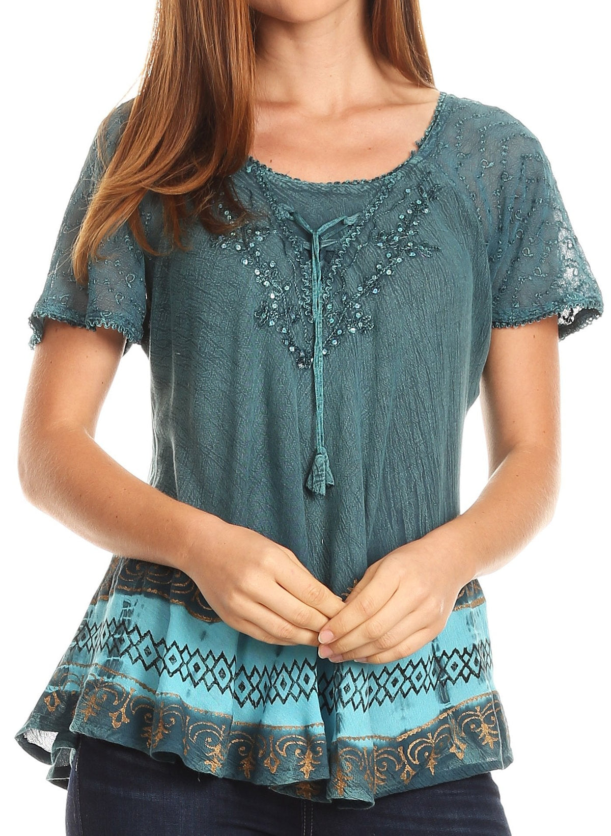Sakkas Diane Short Sleeve Slim Top Blouse with Sequin Embroidery &amp; Golden Print