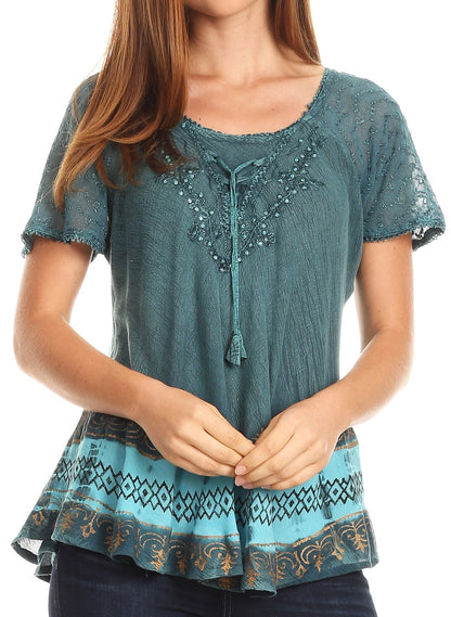 Sakkas Diane Short Sleeve Slim Top Blouse with Sequin Embroidery &amp; Golden Print