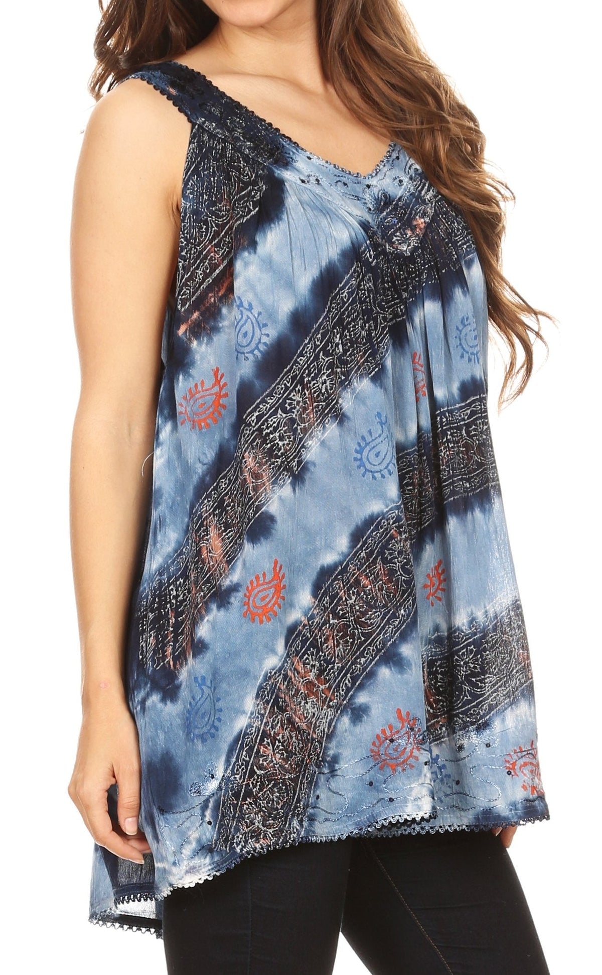 Sakkas Aria Womens Sleeveless V-neck Tank Top Tie-dye with Sequin &amp; Embroidery
