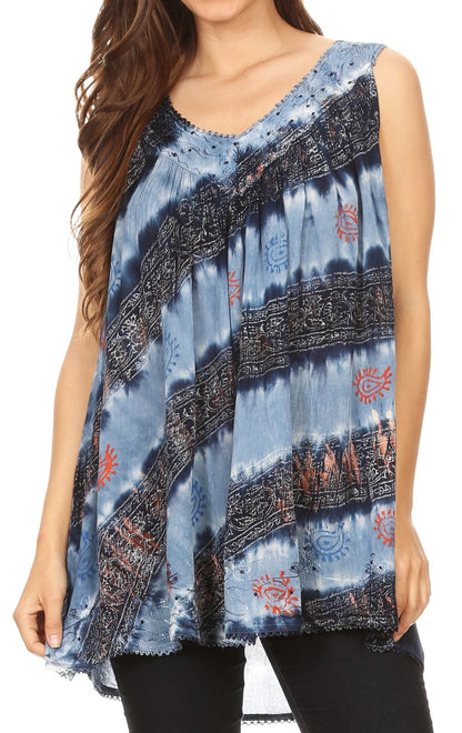 Sakkas Aria Womens Sleeveless V-neck Tank Top Tie-dye with Sequin &amp; Embroidery