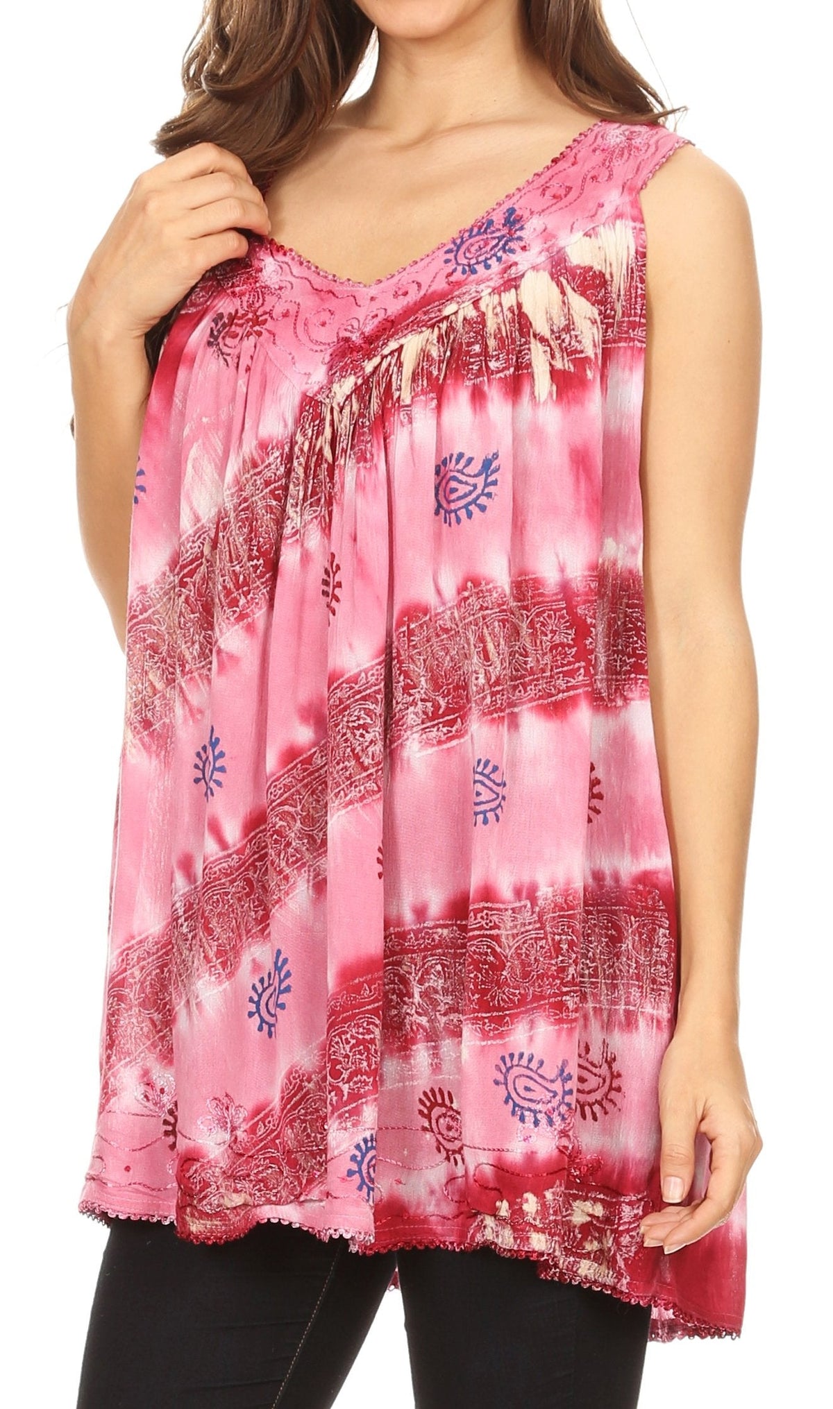Sakkas Aria Womens Sleeveless V-neck Tank Top Tie-dye with Sequin &amp; Embroidery