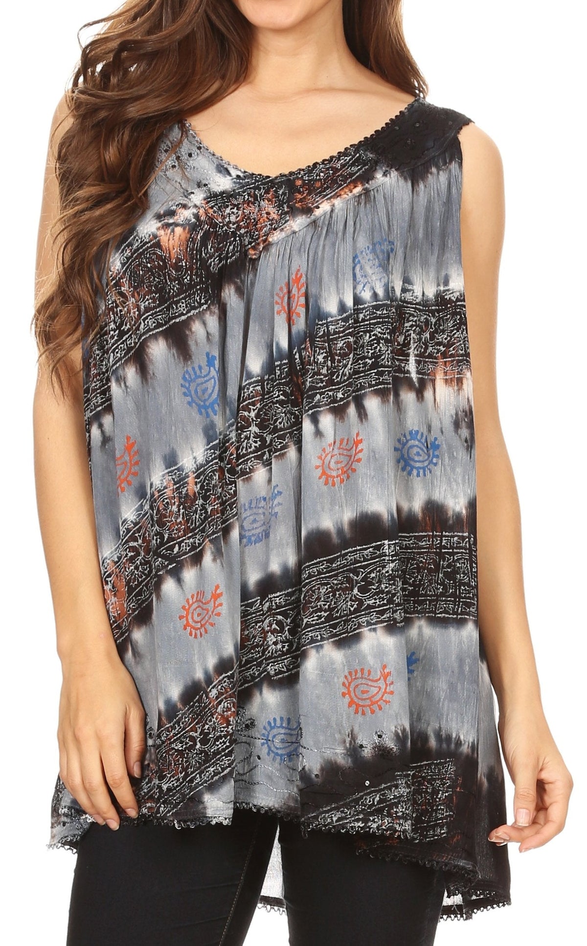 Sakkas Aria Womens Sleeveless V-neck Tank Top Tie-dye with Sequin &amp; Embroidery