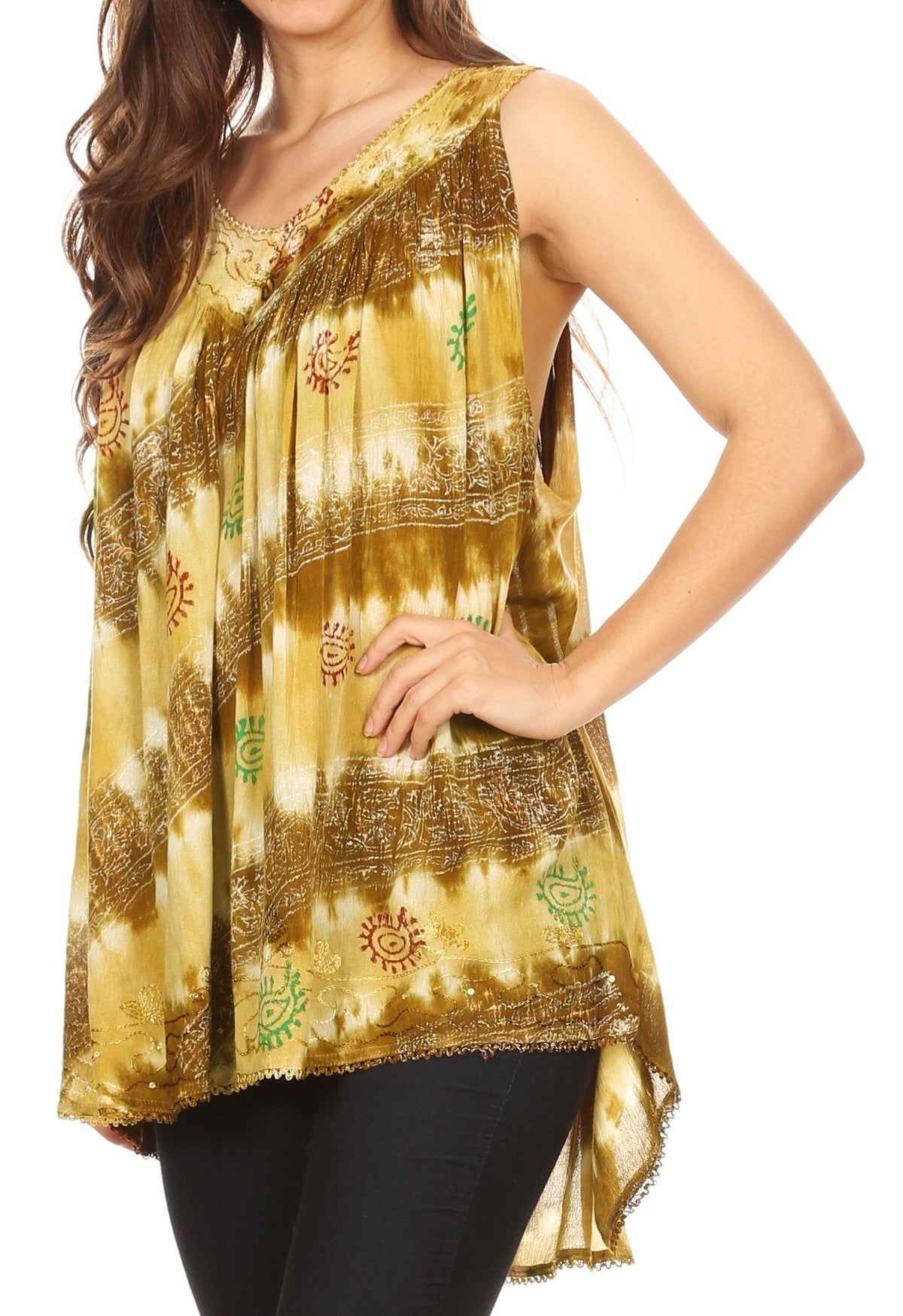 Sakkas Aria Womens Sleeveless V-neck Tank Top Tie-dye with Sequin &amp; Embroidery