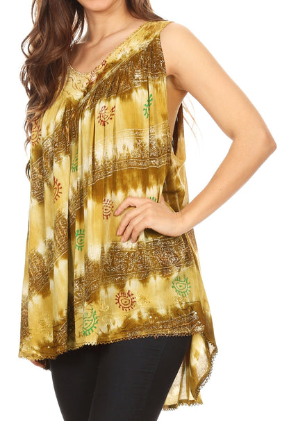 Sakkas Aria Womens Sleeveless V-neck Tank Top Tie-dye with Sequin &amp; Embroidery