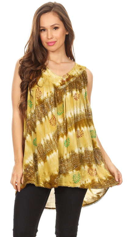 Sakkas Aria Womens Sleeveless V-neck Tank Top Tie-dye with Sequin &amp; Embroidery