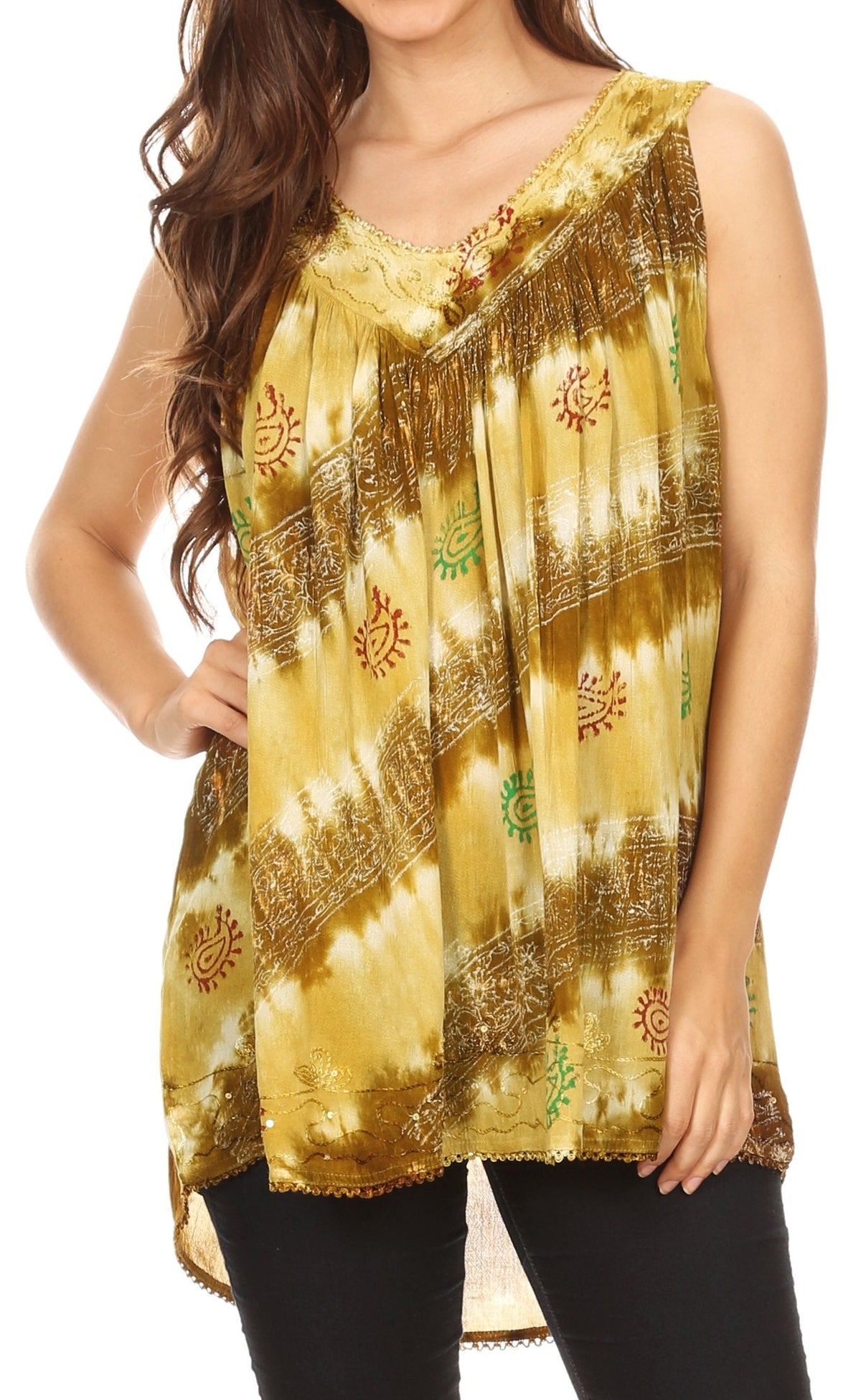 Sakkas Aria Womens Sleeveless V-neck Tank Top Tie-dye with Sequin &amp; Embroidery