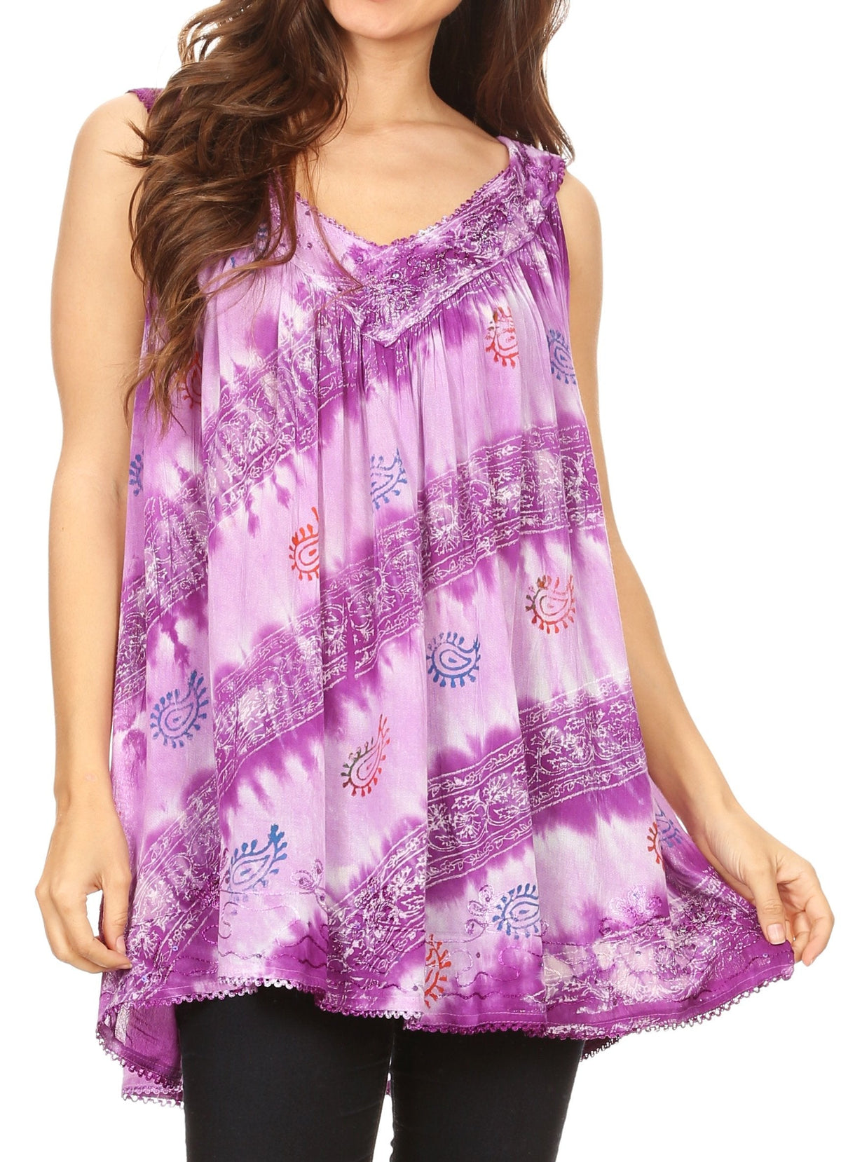Sakkas Aria Womens Sleeveless V-neck Tank Top Tie-dye with Sequin &amp; Embroidery