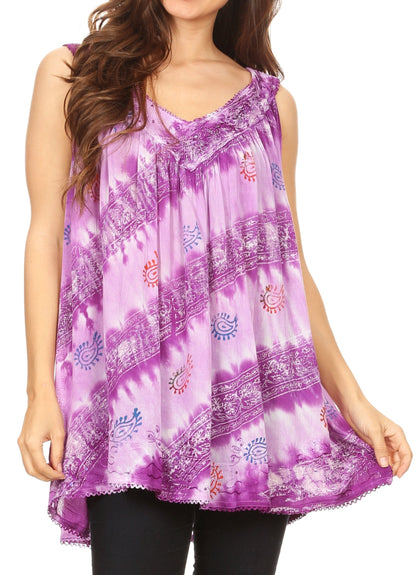 Sakkas Aria Womens Sleeveless V-neck Tank Top Tie-dye with Sequin &amp; Embroidery